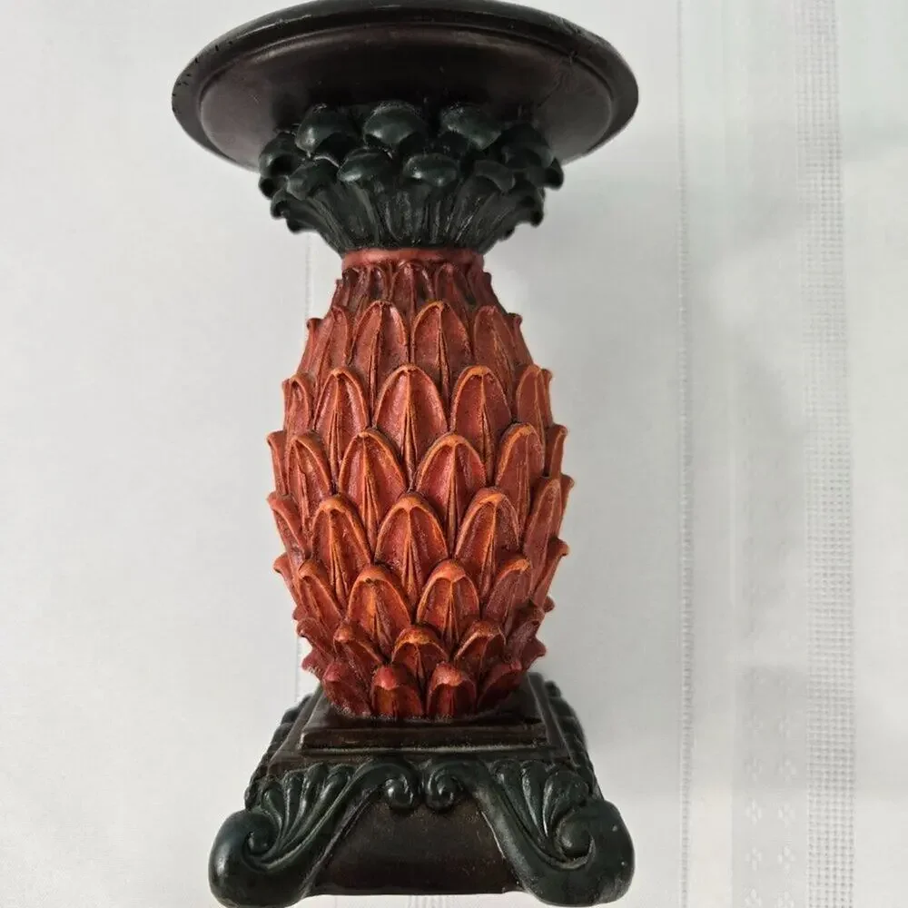 Pillar Candle Pedestals Carved Resin Tropical Bohemian Pineapple Style Set of 2
